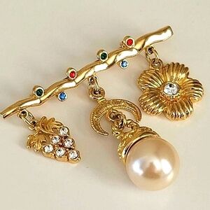 Vintage Brooch Multicolor Grapes Flower Pearl Drop Brooch #1092